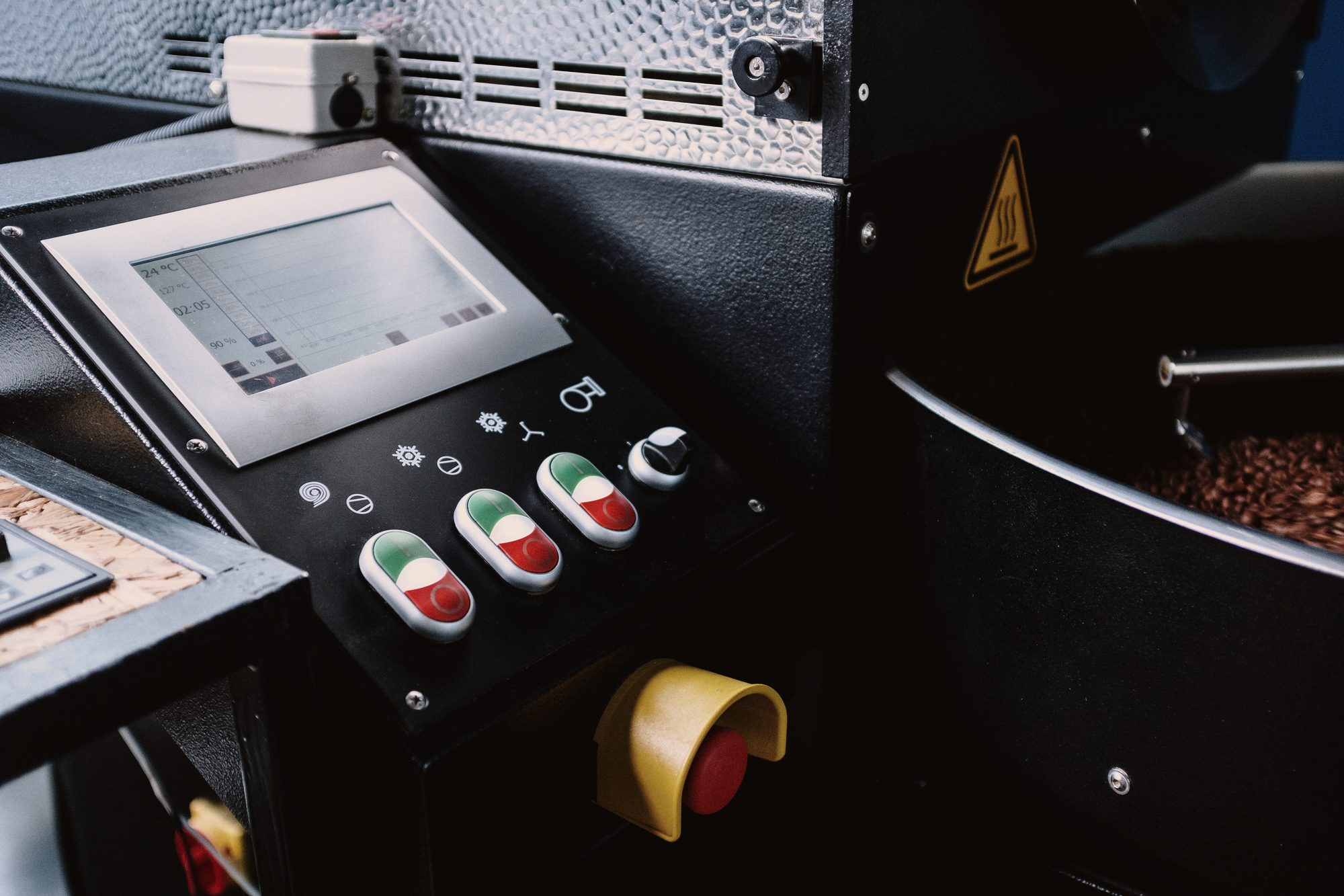 The Probat control panel mid-roast, drum temperature and elapsed time on the readout